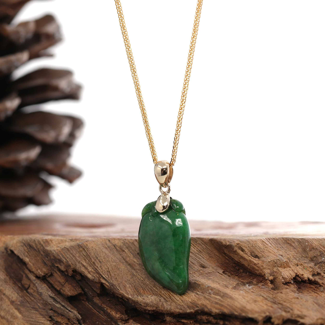 Baikalla Jewelry Jade Pendant 14k Yellow Natural Jadeite "Longevity Peach" ShouTao Necklace With Diamond Bail