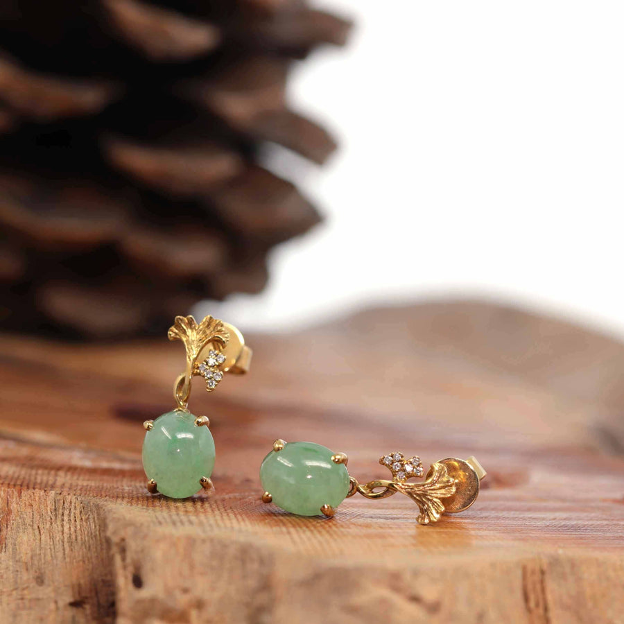 Baikalla Jewelry Gold Jade Earrings 18K Rose Gold "Apricot Blossom" Green Jadeite Jade Dangle Stud Earrings