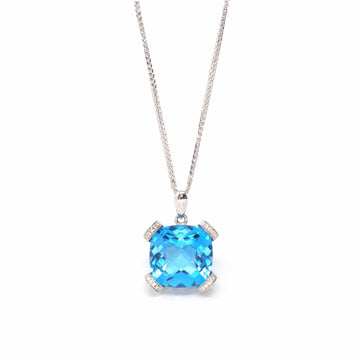 Baikalla Jewelry gemstone jewelry 18k White Gold Genuine Cushion Cut London Blue Topaz & Diamonds Pendant Necklace