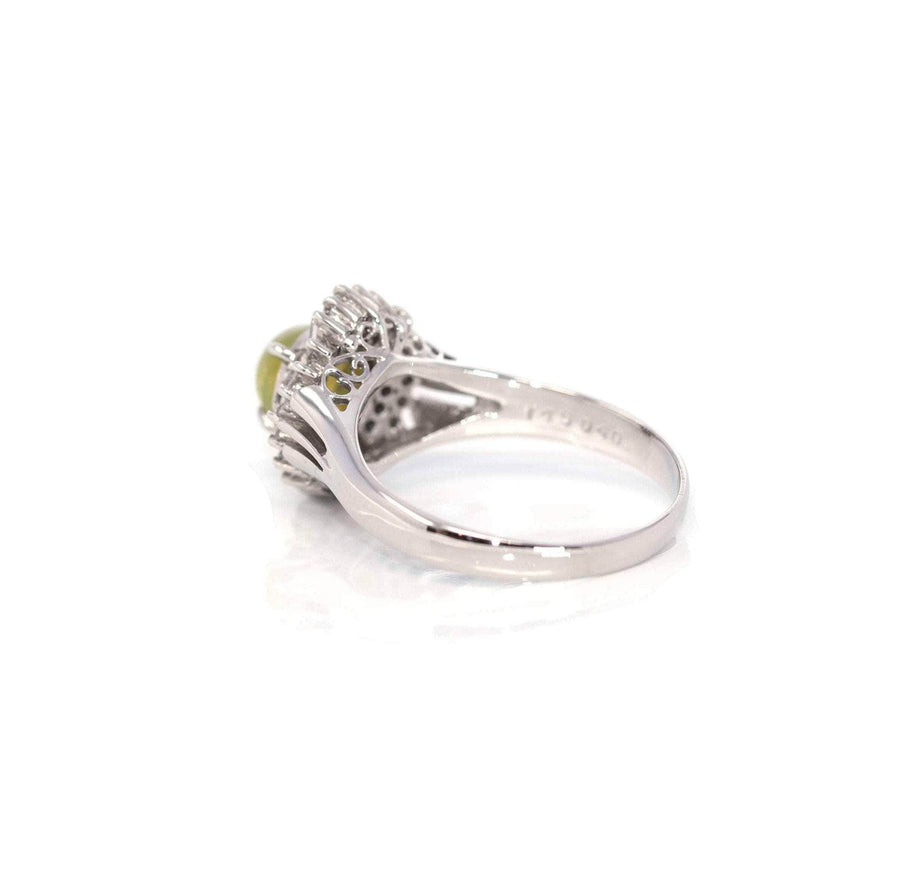 Baikalla Jewelry Gold Gemstone Ring 18k White Gold Natural Green Chrysoberyl Cat's Eye Ring with Diamond
