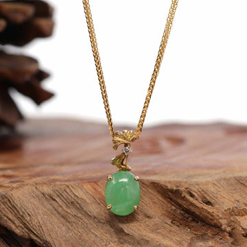 Baikalla Jewelry 18k Gold Jadeite Necklace Pendant Only 18K Yellow Gold "Apricot Flower" Oval Apple Green Jadeite Jade Cabochon Necklace with Diamonds