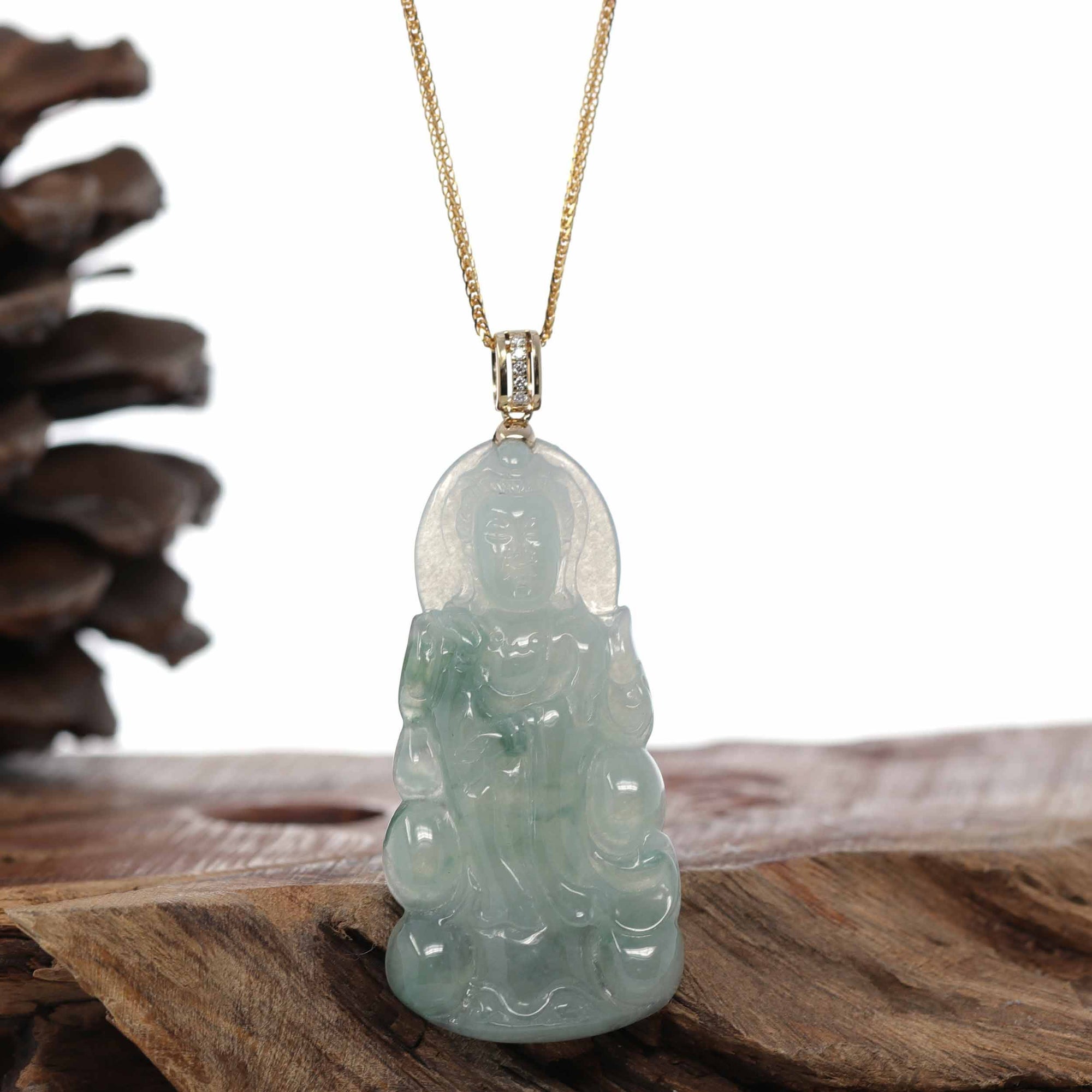 Baikalla Jewelry Jade Guanyin Pendant Necklace Baikalla 14k Yellow Gold "Goddess of Compassion" Genuine Ice Burmese Jadeite Jade Guanyin Necklace With Gold Bail