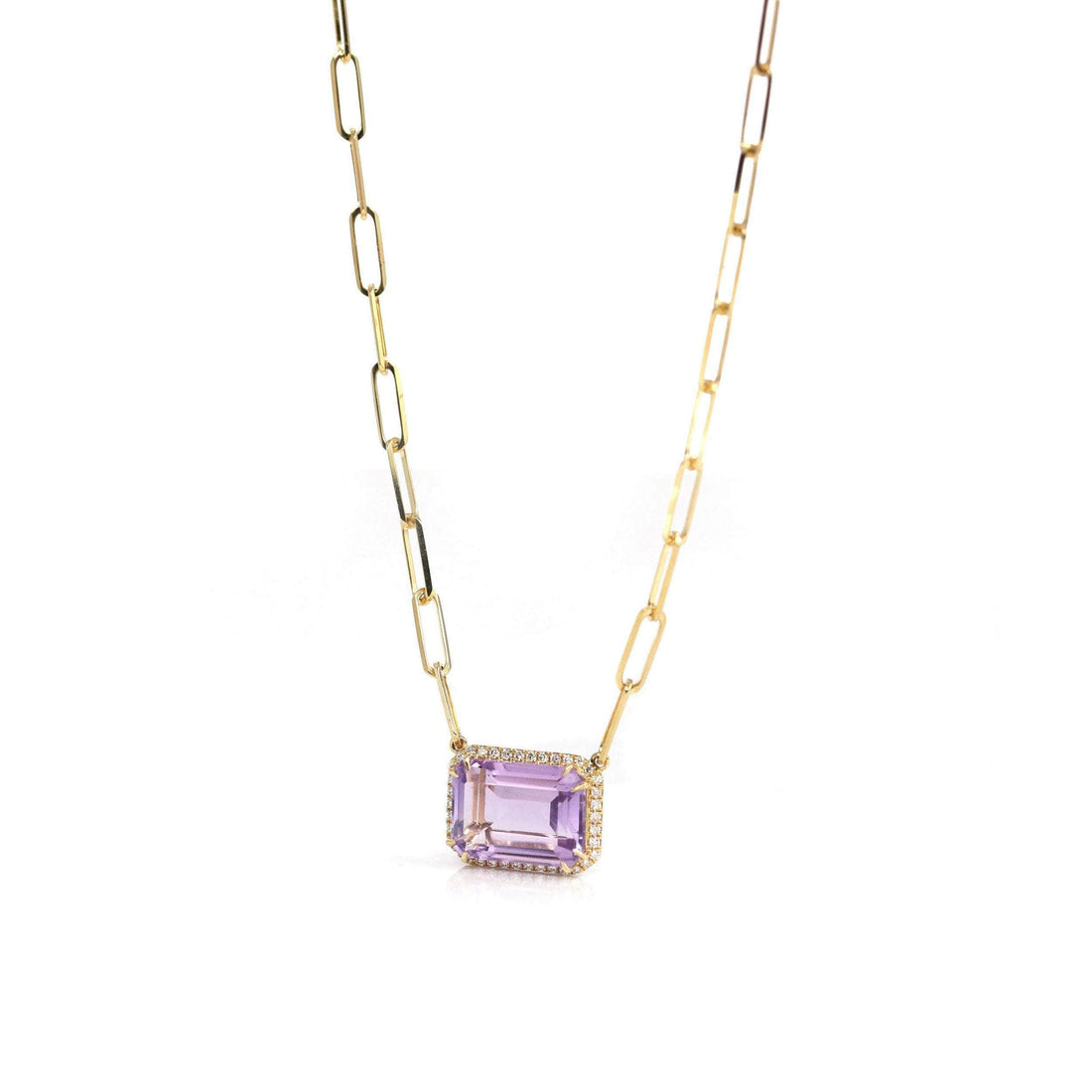 14KT Gold Amethyst and Diamond Emerald-Shape Halo Necklace – GDS