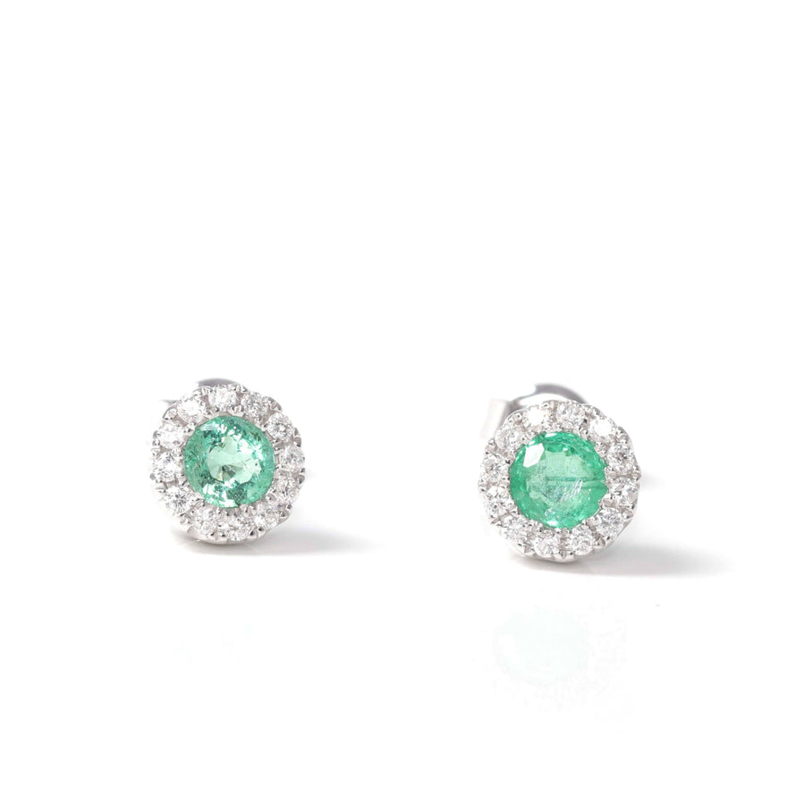 Baikalla Jewelry Gold Gemstone Earrings Baikalla™ 14k Classic White Gold Natural Emerald Earrings w/Diamond Halo