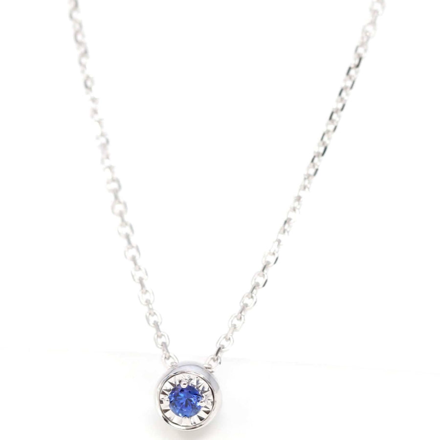Baikalla Jewelry Gemstone Pendant Necklace Blue Sapphire Baikalla™ 14k White Gold Sapphire Round 4 Prong Set Necklace With Diamond-Cut Halo