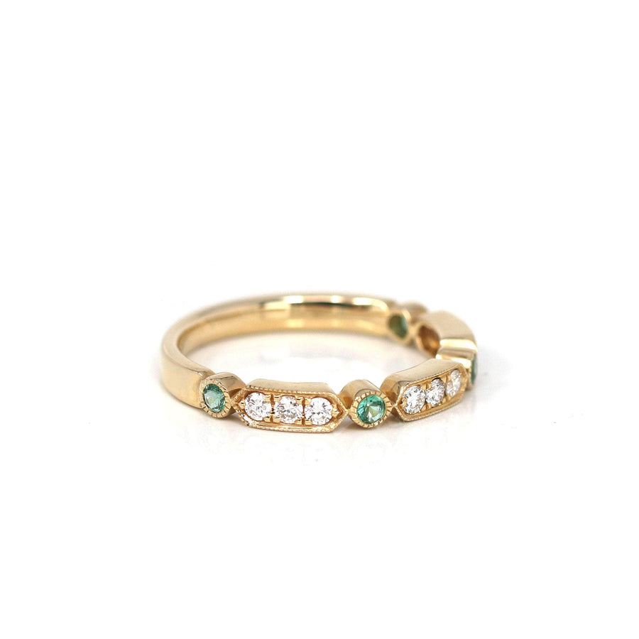 Baikalla Jewelry Gold Emerald Ring 14k Yellow Gold Natural Emerald 4 Stones Set Band Ring with Diamonds