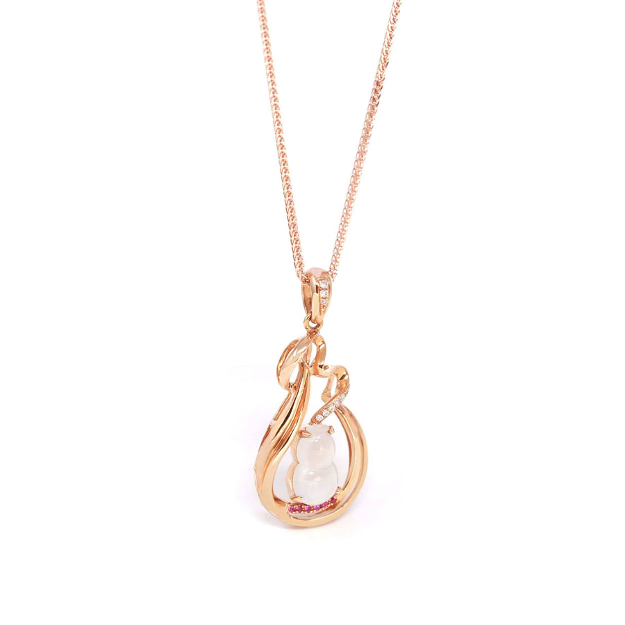 Baikalla Jewelry Gold Jadeite Necklace Baikalla™ "Lucky Gourd" 18k Rose Gold Ice Jadeite Jade Diamond Pendant Necklace