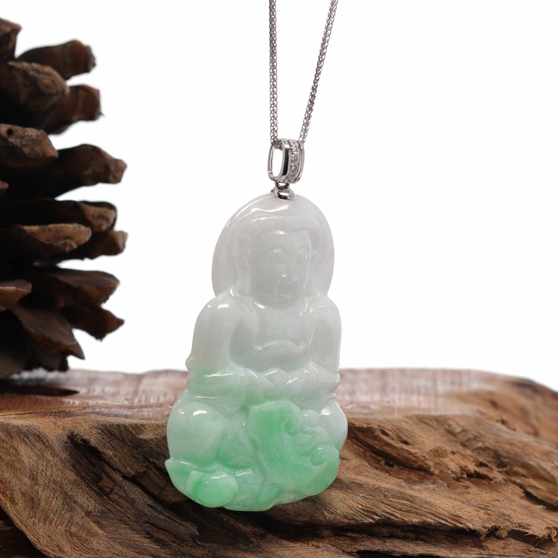 Baikalla Jewelry Jade Guanyin Pendant Necklace 14k White Gold "Goddess of Compassion" Genuine Green Jadeite Jade Guanyin Necklace With Gold Diamond Bail