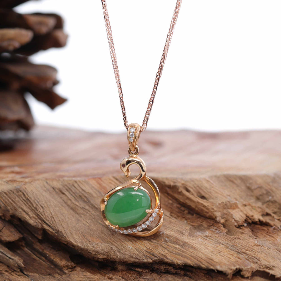 Baikalla Jewelry 18k Gold Jadeite Necklace Pendant Only 18K Rose Gold "Swan" Imperial Jadeite Jade Cabochon Necklace with Diamonds