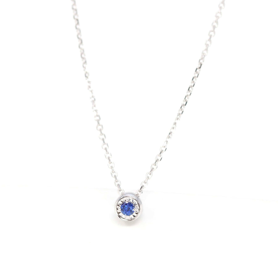 Baikalla Jewelry Gemstone Pendant Necklace Blue Sapphire Baikalla™ 14k White Gold Emerald Round 4 Prong Set Necklace With Diamond-Cut Halo