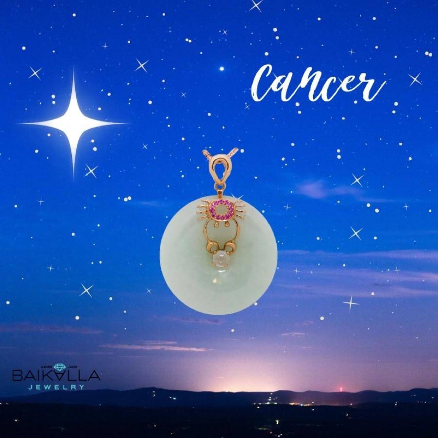 Baikalla Jewelry Gold Jadeite Pendant 18k Rose Gold Genuine Jade Jadeite Constellation Horoscope (Cancer) Necklace Pendant with Ruby