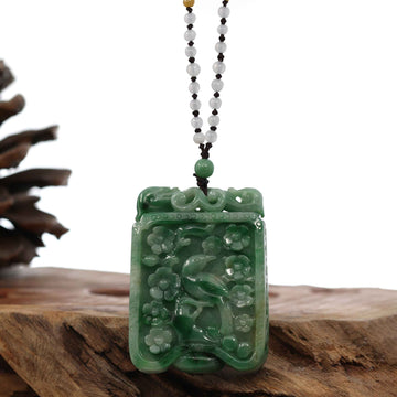 Baikalla Jewelry Jade Guanyin Pendant Necklace Genuine Green Jadeite Jade "Lucky Bird on Branch" Pendant Necklace With Real Jadeite jade Beads Necklace