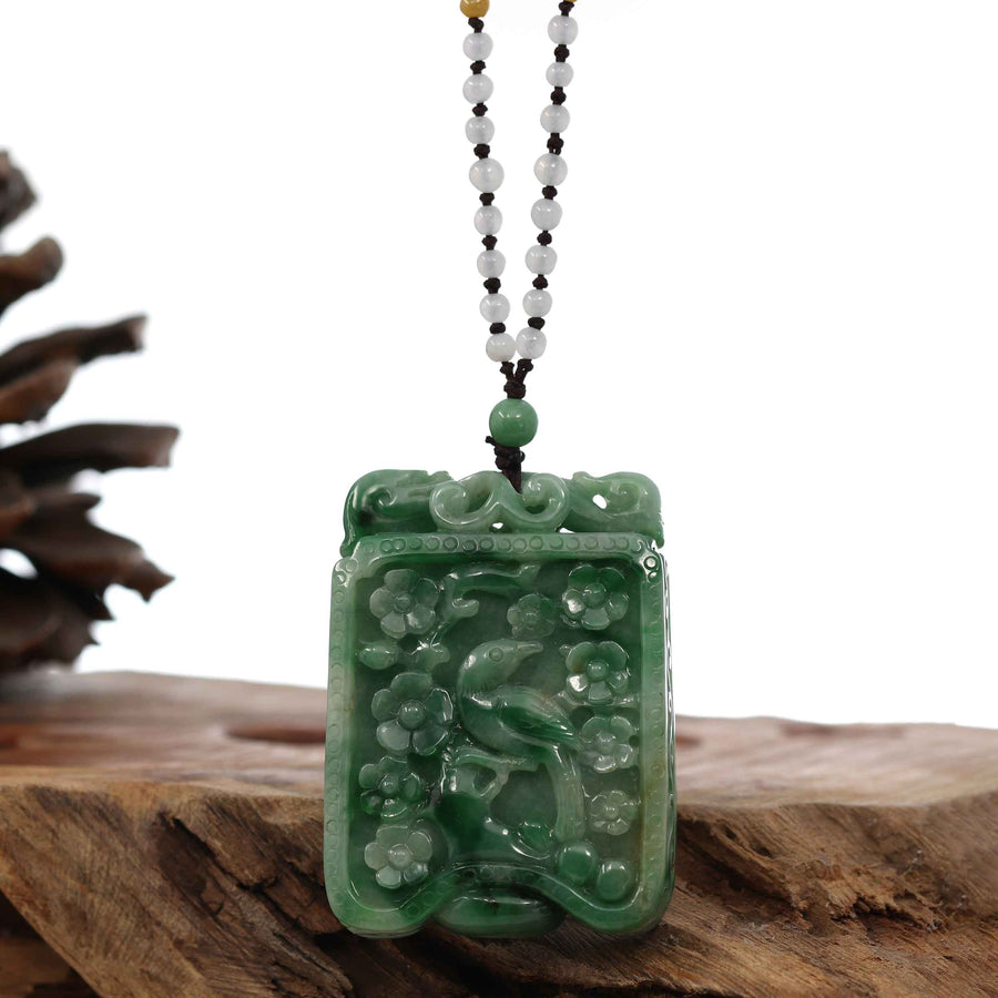 Baikalla Jewelry Jade Guanyin Pendant Necklace Genuine Green Jadeite Jade "Lucky Bird on Branch" Pendant Necklace With Real Jadeite jade Beads Necklace