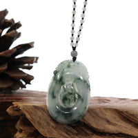 Baikalla Jewelry Jade Pendant Necklace Genuine Ice Blue-Green Jadeite Jade "Good Luck Oval with Dragon Accent" Pendant Necklace With Real Jadeite Bead Necklace