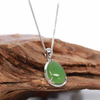 Baikalla Jewelry Gold Jade Pendant 14K Gold "Classic Tear Drop" Green Apple Green Jade Diamond Cut Setting Pendant Necklace