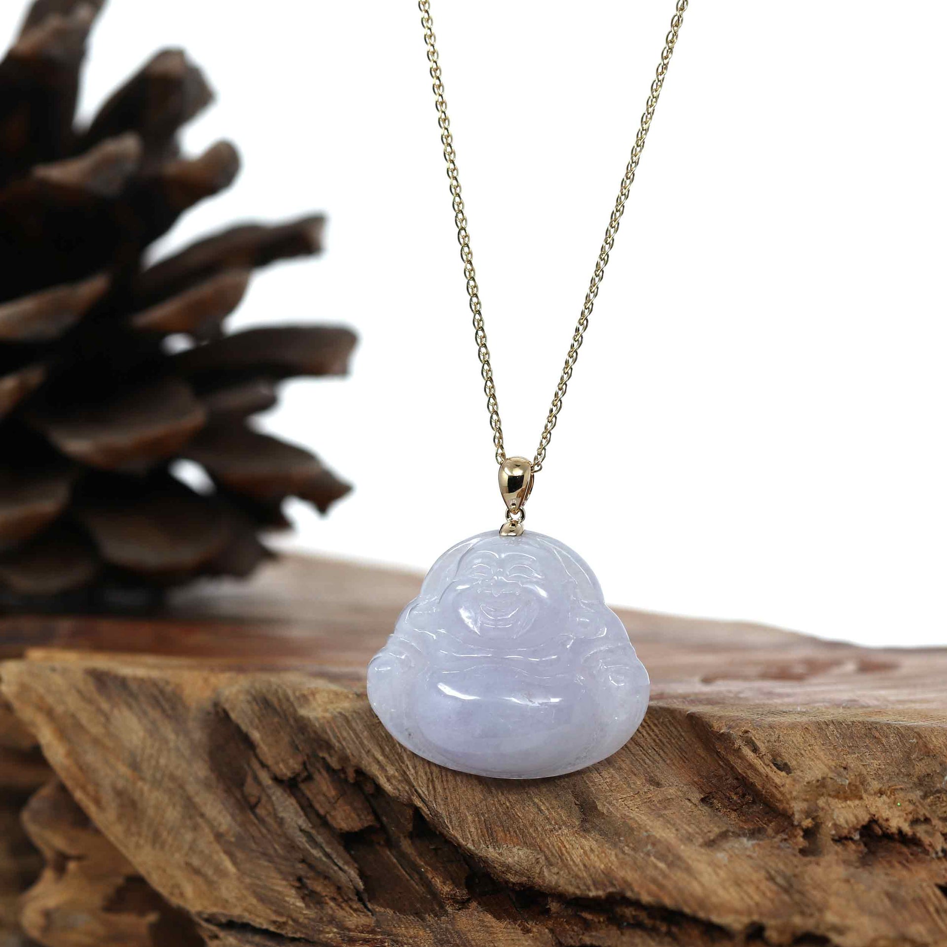 Natural Burmese Lavender Jadeite Jade Happy Buddha With 14k Yellow