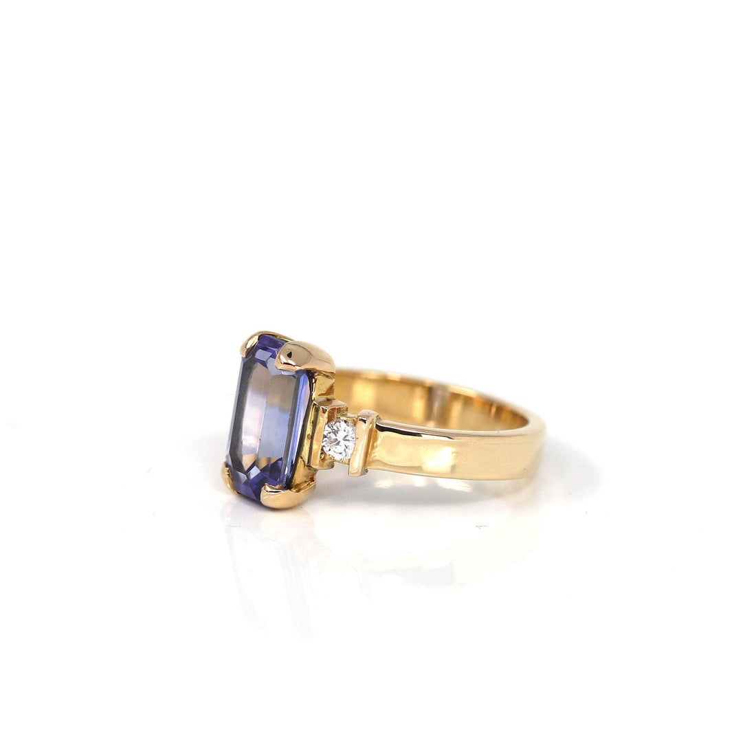 Baikalla Jewelry Gold Tanzanite Ring 18k Yellow Gold Natural Emerald Cut Tanzanite Diamond Anniversary Ring