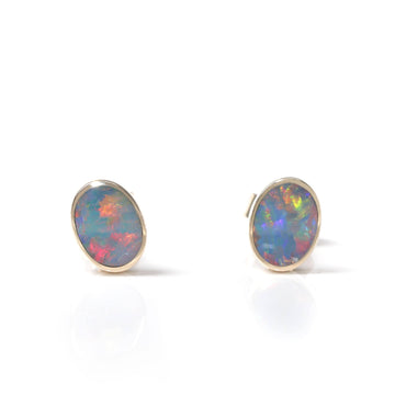 Baikalla Jewelry Gold Gemstone Earrings Baikalla™ 14k Yellow Gold Natural Oval Australian Blue Opal Bezel Set Earrings