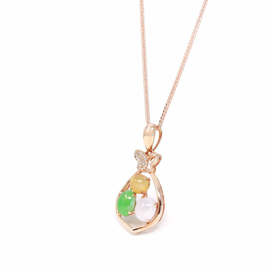 Baikalla Jewelry Gold Jadeite Necklace W/ 18k Rose Gold matching Chain Baikalla™ "Money Sack" 18k Rose Gold Multi-Colored Jadeite Jade Diamond Pendant Necklace
