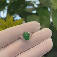 Baikalla 18k White Gold Natural Imperial Green Oval Jadeite Jade Engagement Ring With Diamonds