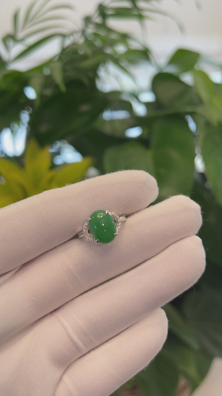 Baikalla 18k White Gold Natural Imperial Green Oval Jadeite Jade Engagement Ring With Diamonds