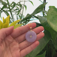 "Good Luck Button" Lavender Jadeite Jade Lucky KouKou Pendant Necklace With 14K Yellow Gold Diamond Bail
