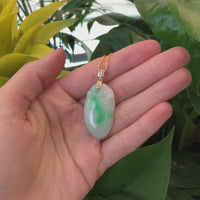 Natural Green Jadeite Jade Shou Tao (Longevity Peach) Necklace With 14k Yellow Gold Diamond Bail