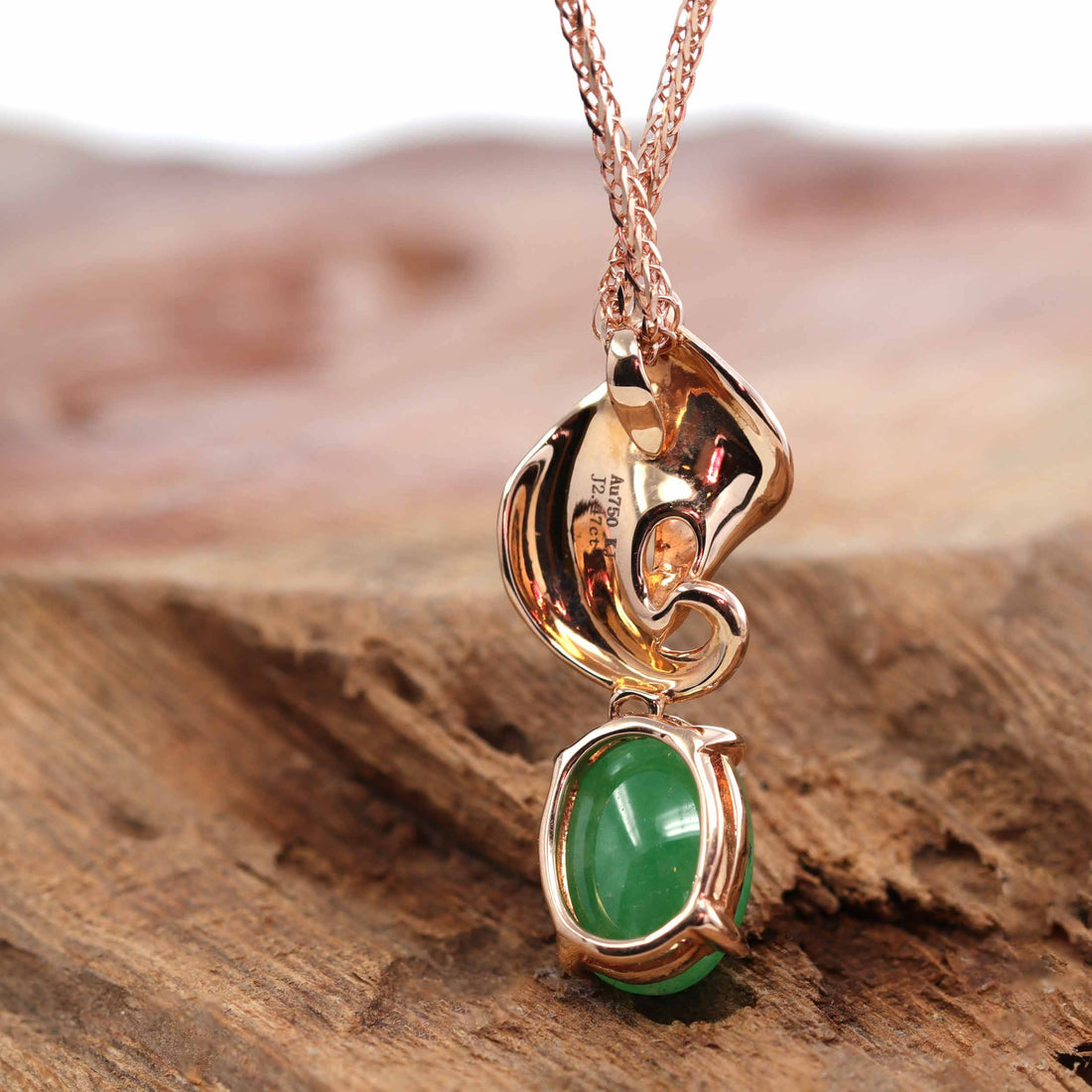 Baikalla Jewelry 18k Gold Jadeite Necklace 18K Rose Gold "Morning Glory" Genuine Jadeite Jade Pendant with Diamonds