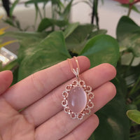 Sterling Silver Natural Cabochon Cut, Rose Quartz Luxury Necklace With CZ