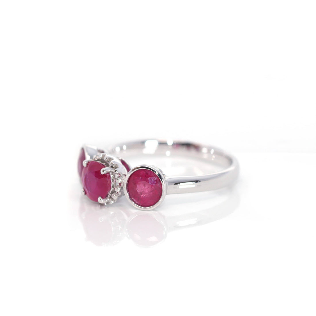 Baikalla Jewelry Gold Ruby Ring 5 18k White Gold Natural 3 Round Pink Ruby Diamond Anniversary Ring