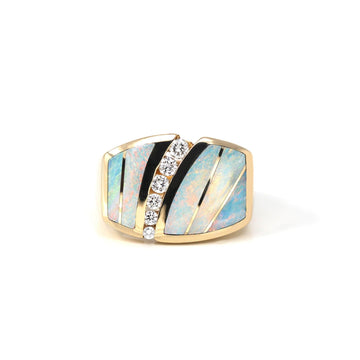 Baikalla Jewelry Gold Opal Ring 14k Yellow Gold Natural AAA Australian Opal Men's Ring with Diamonds
