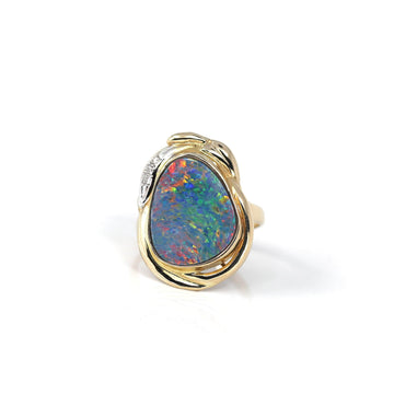 Baikalla Jewelry Gold Opal Ring 14k Yellow Gold Natural Australian Blue Opal Ring