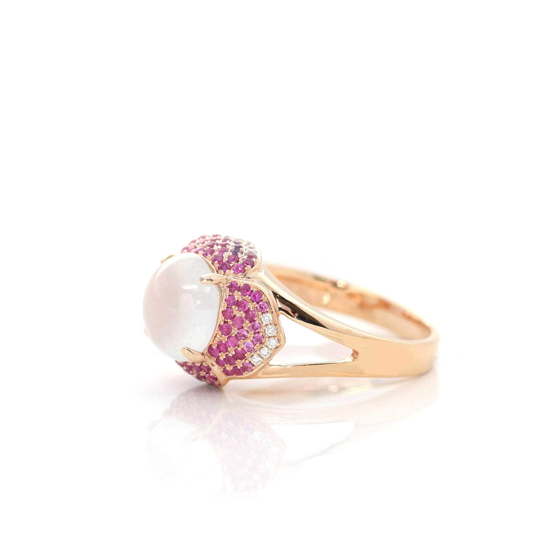 Baikalla Jewelry Jadeite Engagement Ring 18k Rose Gold Natural Ice Jadeite Engagement Ring With Diamonds and Ruby