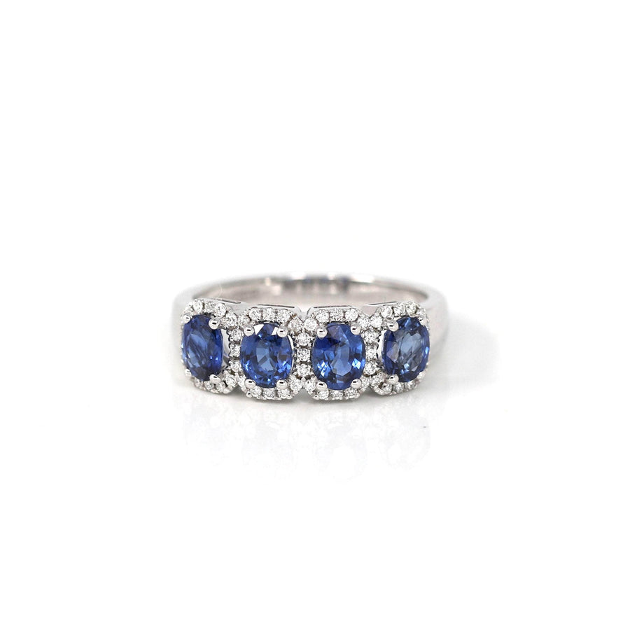 Baikalla Jewelry Gold Sapphire Ring 18k White Gold Natural Blue Sapphire Four Stones Set Band Ring with Diamonds