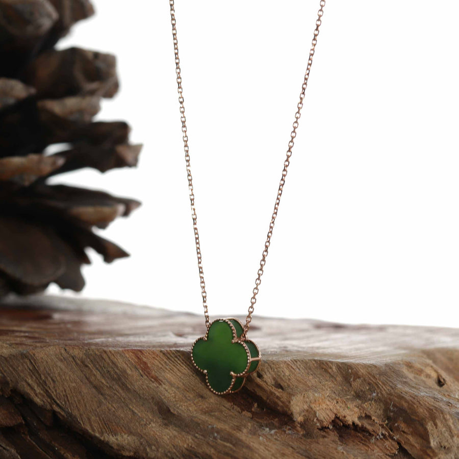 Baikalla Jewelry Jade Pendant 18k Rose Gold Natural Green Nephrite Jade Lucky Four Leaf Clover Necklace