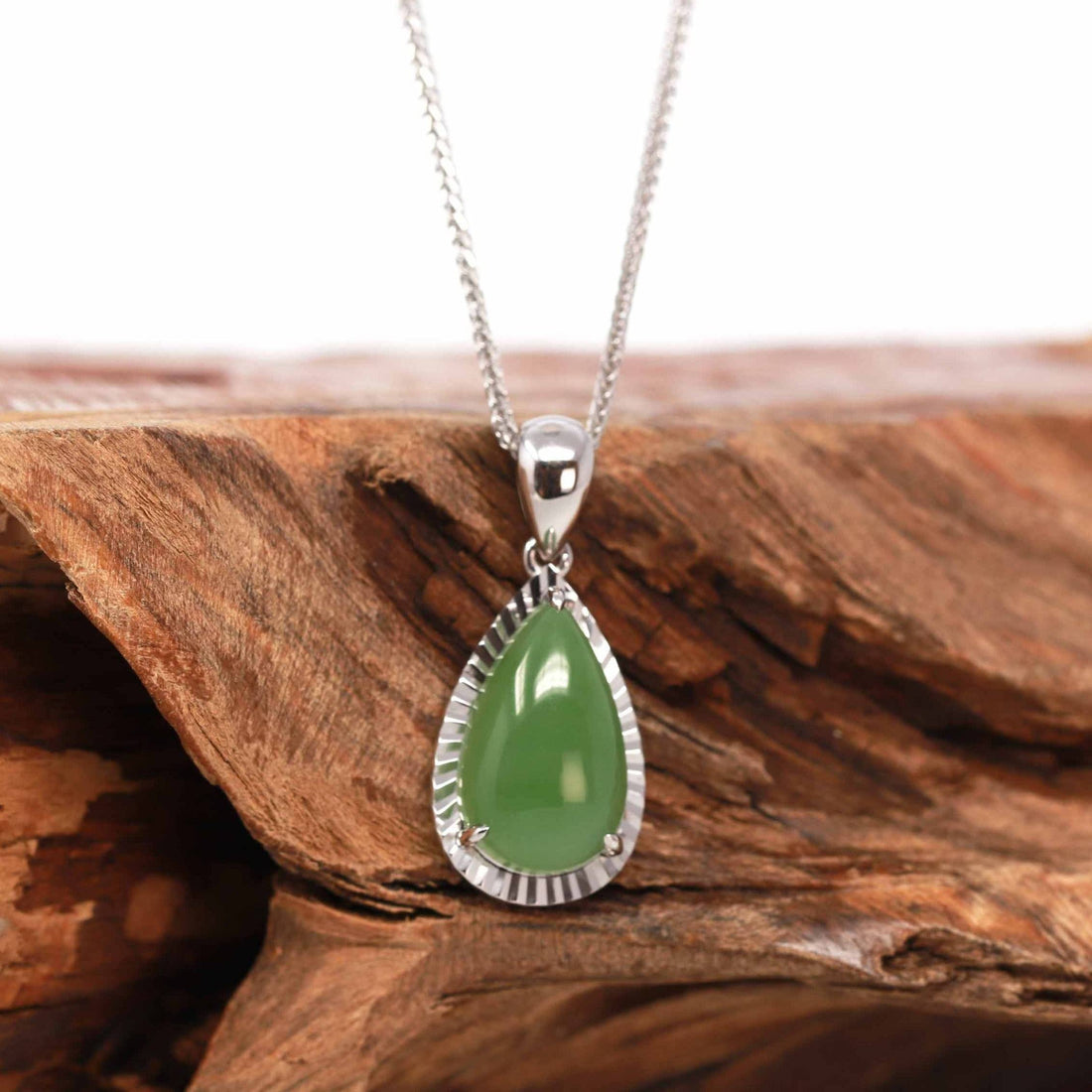Baikalla Jewelry Gold Jade Pendant 14K Gold "Classic Tear Drop" Green Apple Green Jade Diamond Cut Setting Pendant Necklace