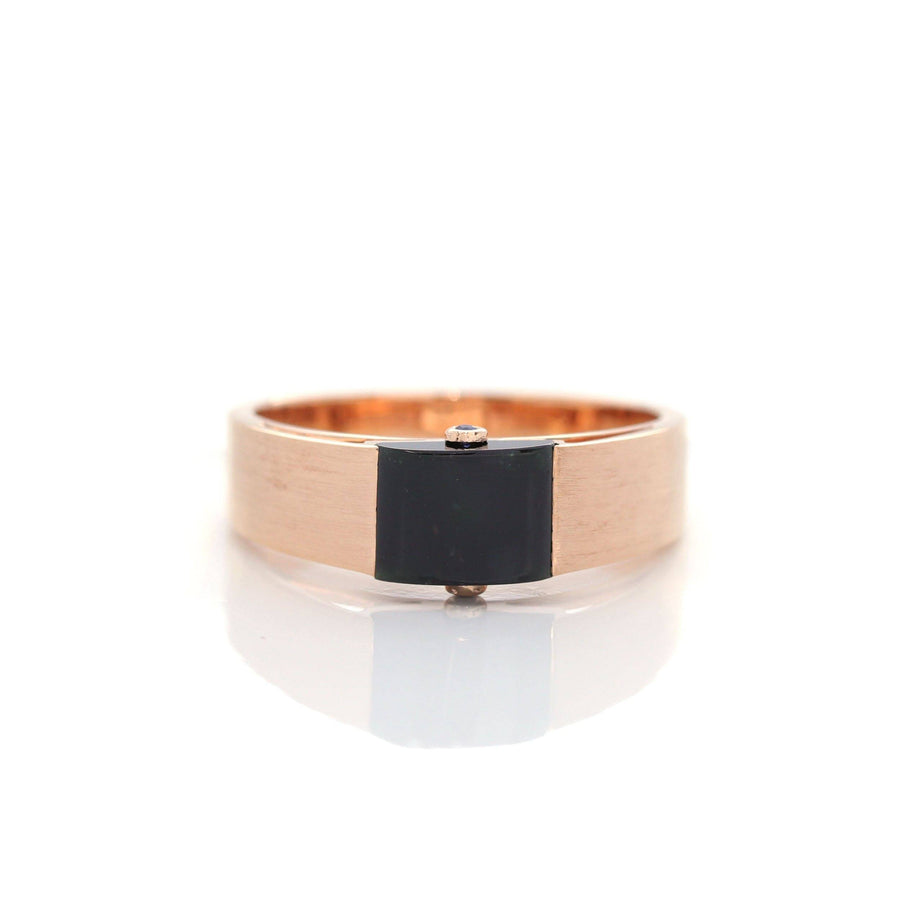 Baikalla Jewelry Gold Jadeite Jade Ring Baikalla™ "Classic Half Round Cabochon" Genuine Burmese Emerald Cut Black Jadeite Jade Engagement Ring