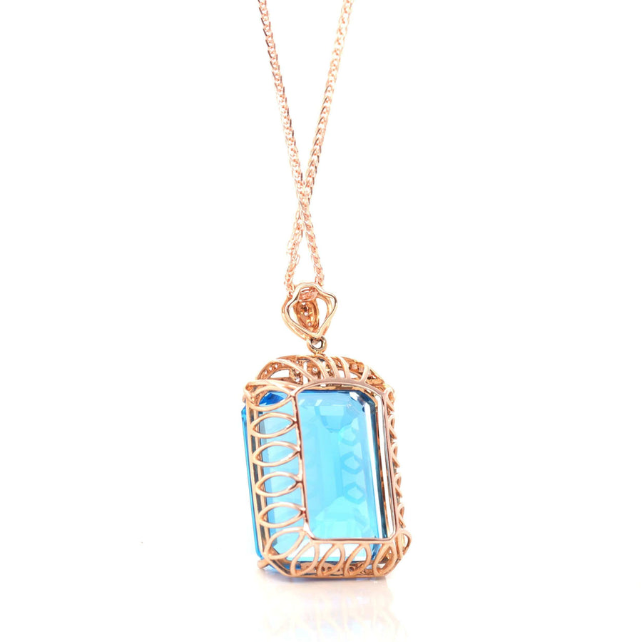 Baikalla Jewelry Gemstone Pendant Necklace 14k Rose Gold London Blue Topaz Faceted Emerald Cut Prong Set Necklace With Diamonds