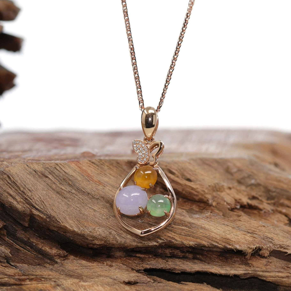 Baikalla Jewelry 18k Gold Jadeite Necklace Pendant Only 18K Rose Gold "Lucky Goodie Sack" Multi-Color Jadeite Jade Cabochon Necklace with Diamonds