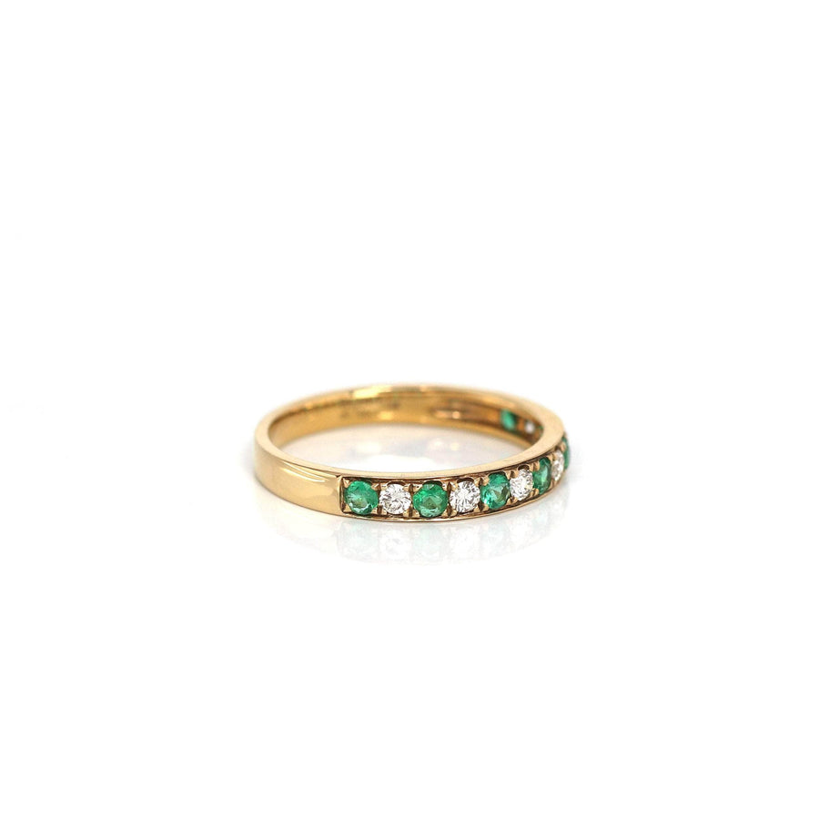Baikalla Jewelry Gold Emerald Ring 18k Yellow Gold Natural Emerald Seven Stones Set Band Ring with Diamonds