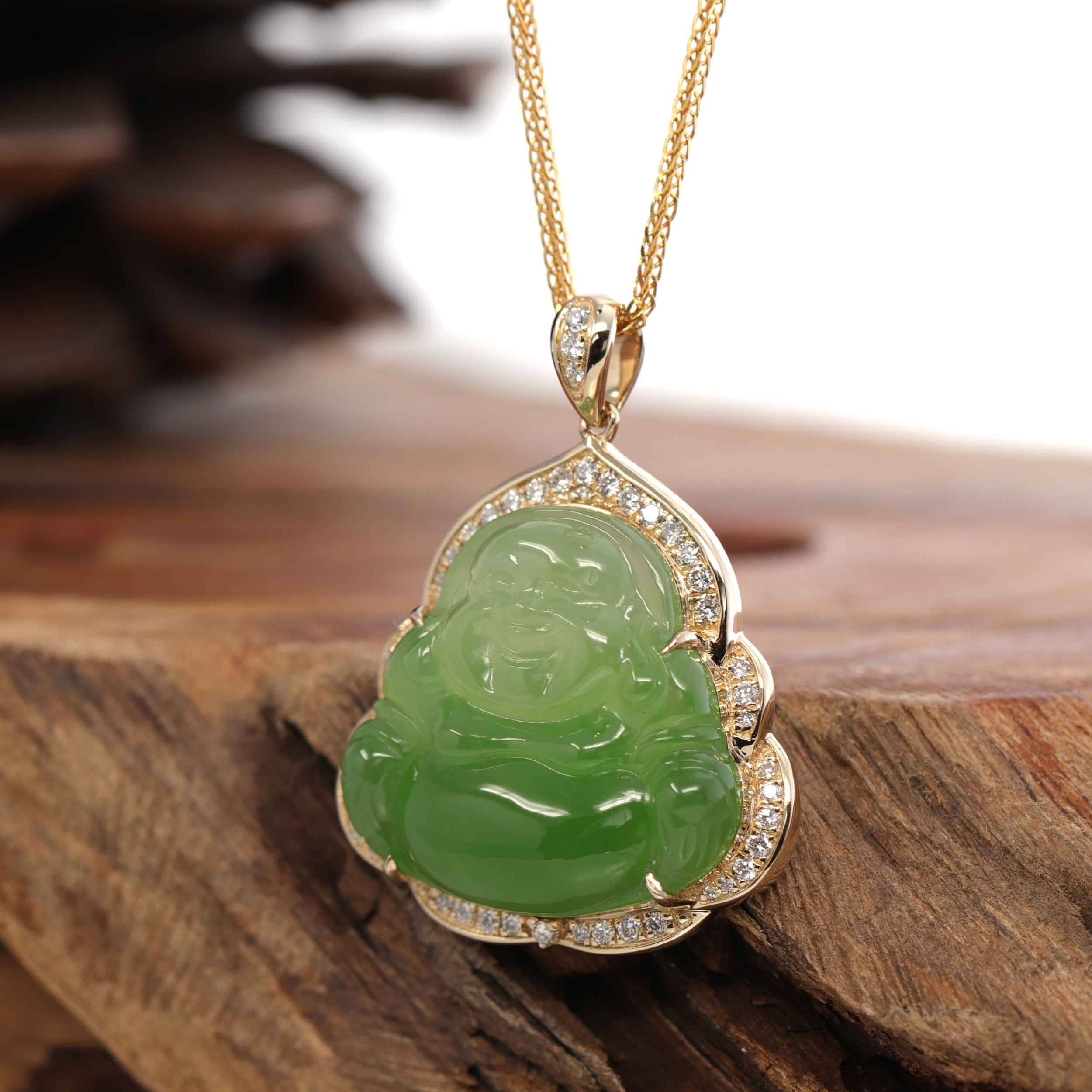 Buddha Pendant Necklace 14K Gold Plated Green Jade | With
