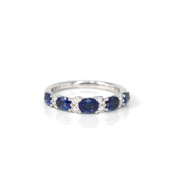 Baikalla Jewelry Gold Sapphire Ring 18k White Gold Natural Blue Sapphire Five Stones Set Band Ring with Diamonds