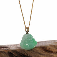 Baikalla Jewelry Jade Pendant Natural Burmese Jadeite Jade Happy Buddha With 14k Yellow VS1 Diamond Bail