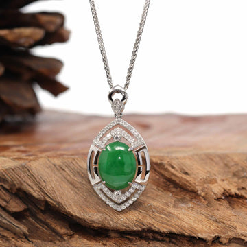 Baikalla Jewelry 18k Gold Jadeite Necklace Pendant Only 18K White Gold Oval Imperial Jadeite Jade Cabochon Necklace with Diamonds