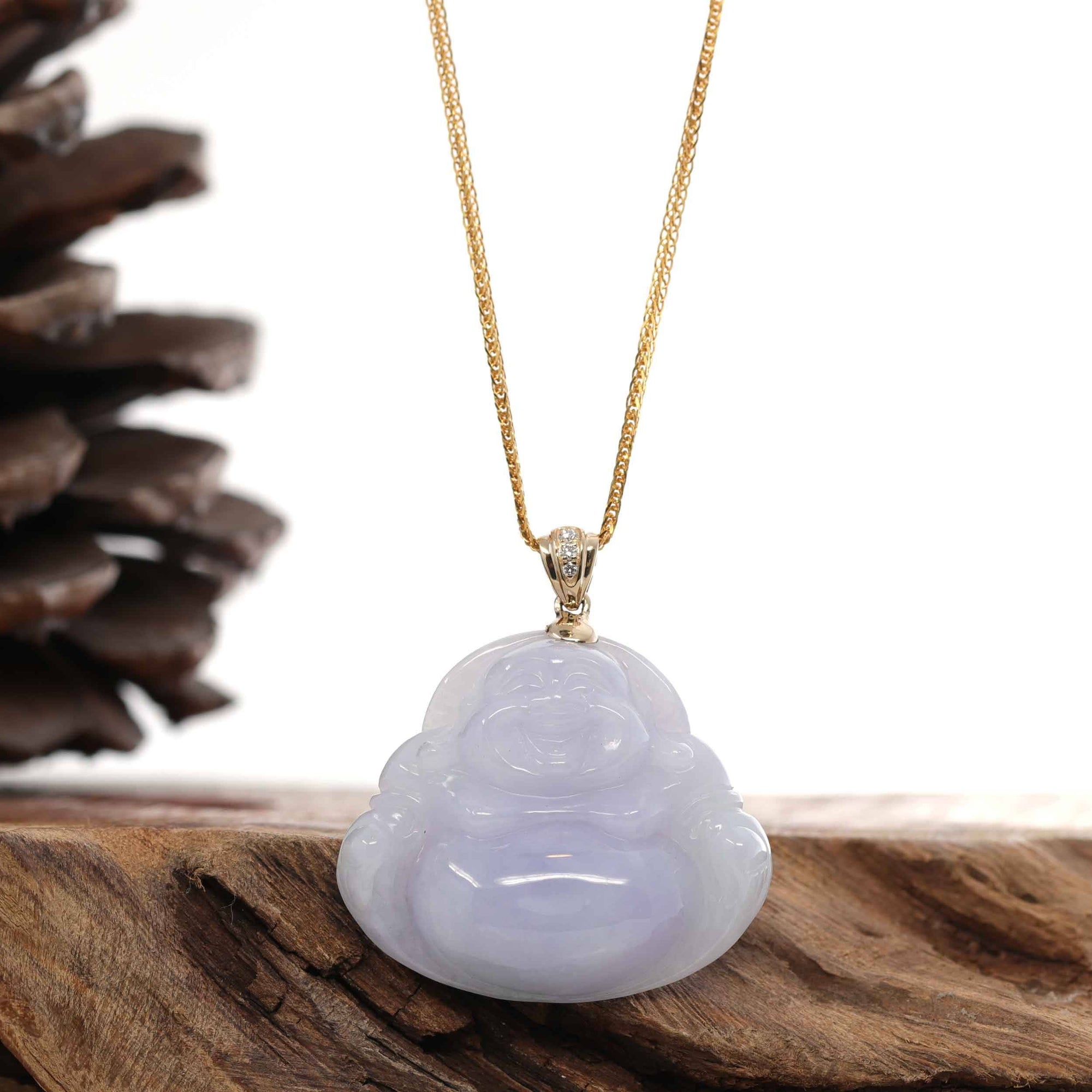 Baikalla Jewelry Gold Jade Buddha Pendant Only Baikalla "Laughing Buddha" 14k Yellow Gold Genuine Lavender Jadeite Jade with VS1 Diamonds Bail