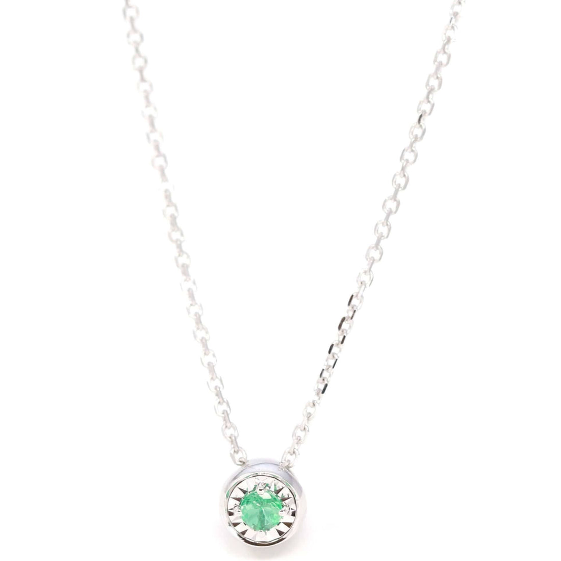 Baikalla Jewelry Gemstone Pendant Necklace Emerald Baikalla™ 14k White Gold Emerald Round 4 Prong Set Necklace With Diamond-Cut Halo