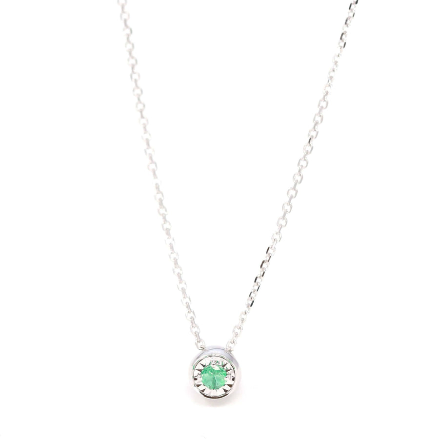Baikalla Jewelry Gemstone Pendant Necklace Emerald Baikalla™ 14k White Gold Sapphire Round 4 Prong Set Necklace With Diamond-Cut Halo