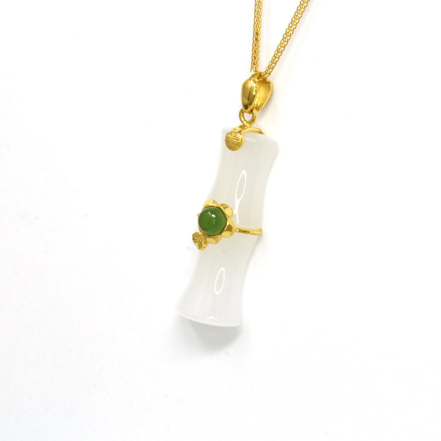 Baikalla Jewelry 24k gold jade jewelry 24k Yellow Solid Gold Genuine Nephrite White & Green Jade Bamboo Pendant Necklace(N2)