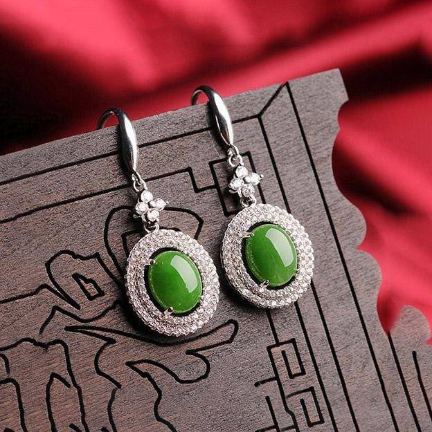 Baikalla Jewelry Silver Gemstone Earrings Baikalla™ "Classic Double Halo" Sterling Silver Genuine Nephrite Green Jade Dangle Earrings
