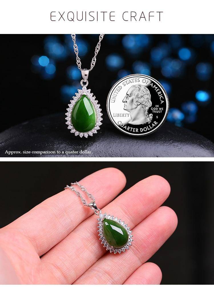 Vintage 18KGP Silvertone Apple-green Jade Teardrop Pendant  Jade Teardrop Halo Pendant Necklace Silver-Tone Chain Green Stone display picture 1